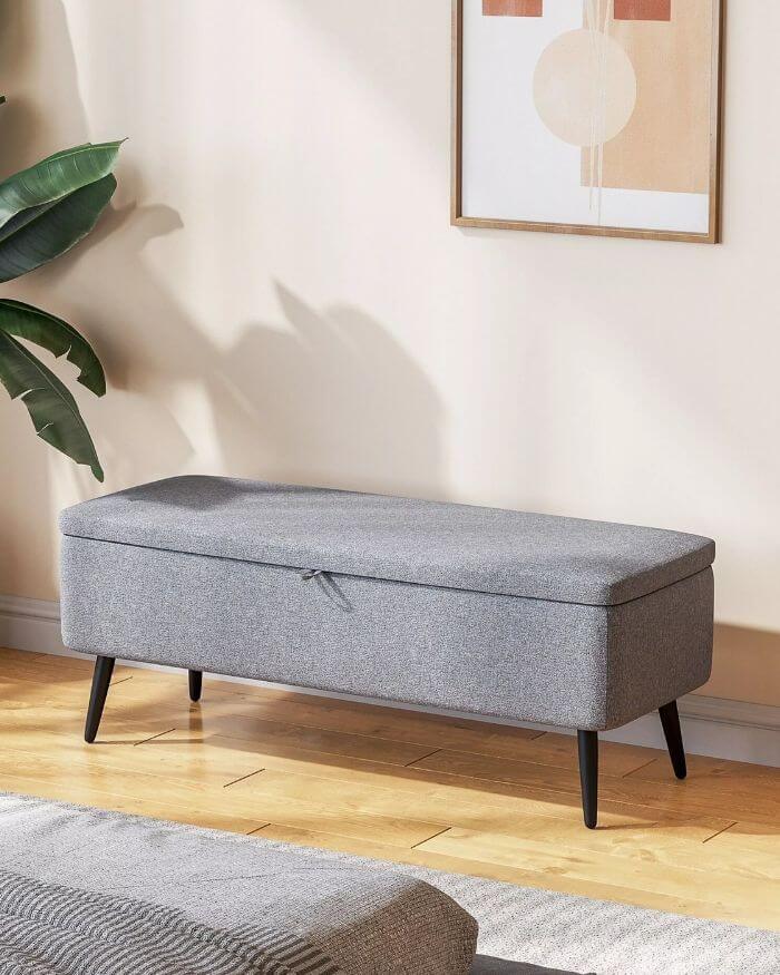 Fabric Storage Bench with Black Legs in Grey
