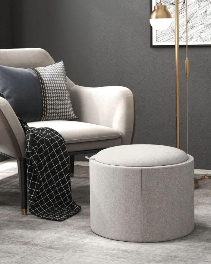 Pouf with Flip Top Tray in Grey