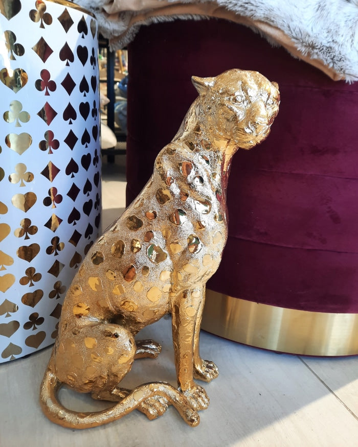 Golden Sitting Leopard in Resin