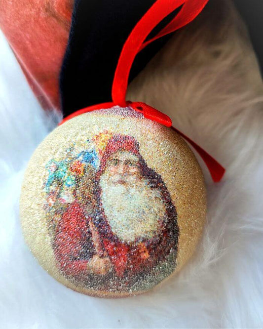 Santa Claus Bauble with Presents glittery feel